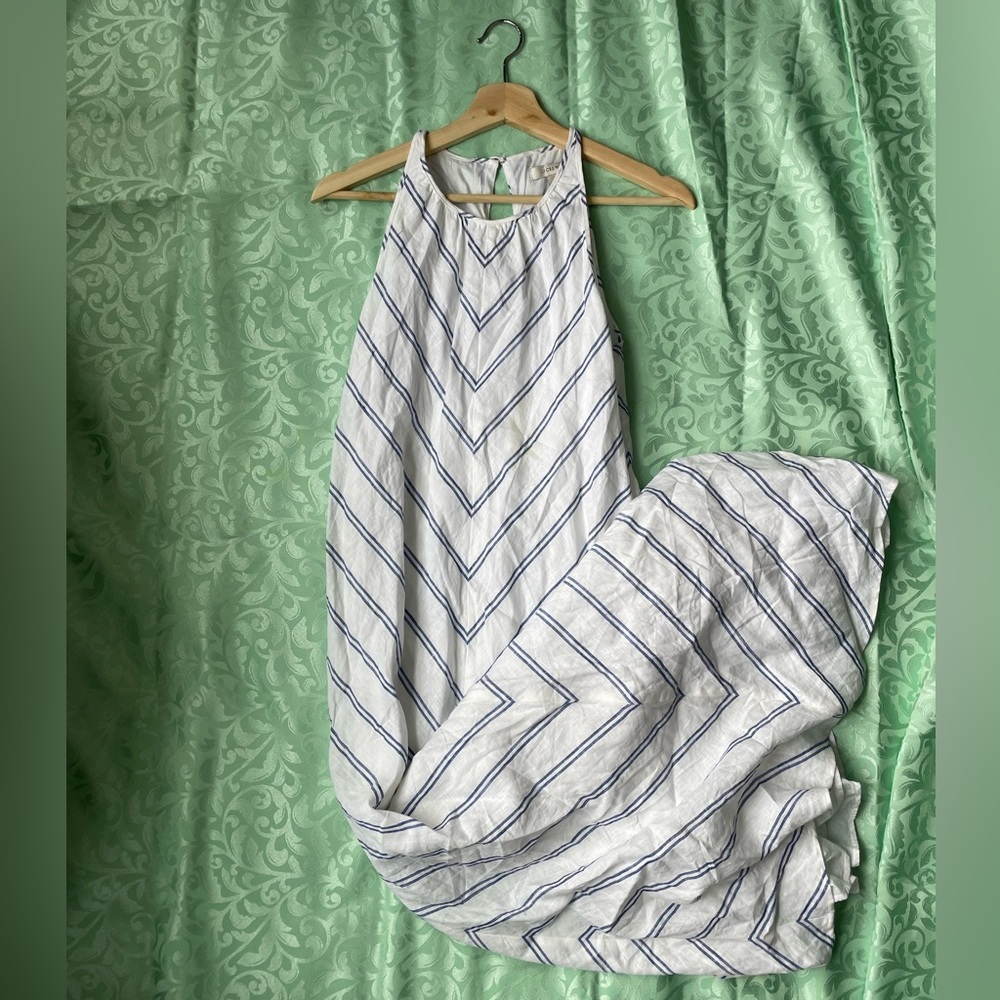 J. Crew Linen Chavron Maxi Dress White and Blue
